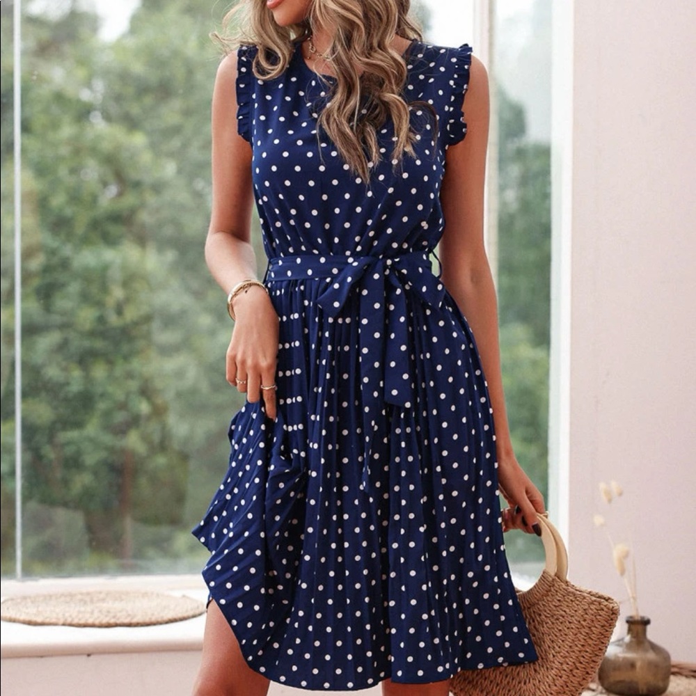 Polka dot ruffle trim pleated belted dress